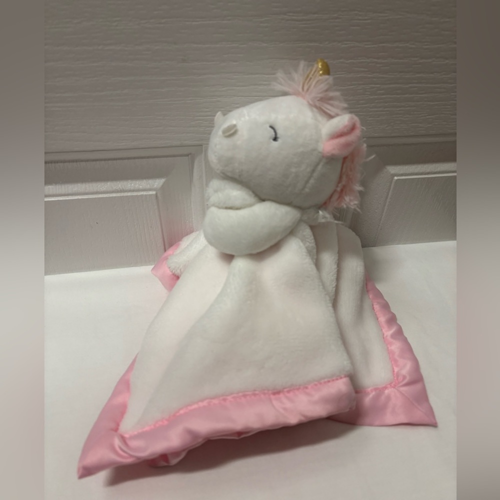 Plush Unicorn Security Blanket with Pink Trim Unicorn Lovey. 13x13”